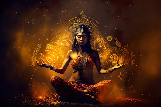 Mystical meditation scene with a serene figure channeling spiritual energy in a cosmic setting, adorned with symbolic chakra patterns. generative Ai  