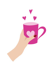 Hand holding cup with hearts vector illustration