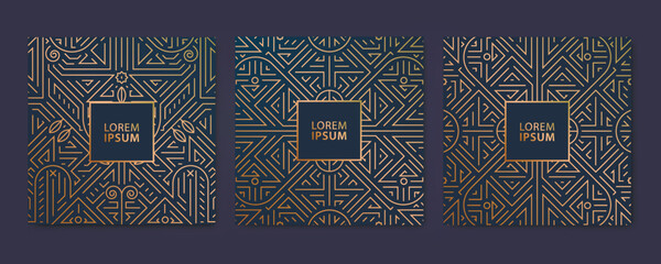 Vector set of luxury cover templates, square line art deco patterns. Fancy design elements for placards, banners, flyers, presentations and cards