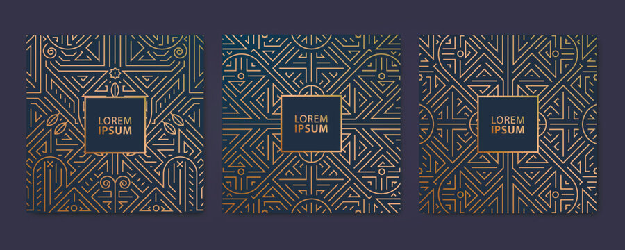 Vector set of luxury cover templates, square line art deco patterns. Fancy design elements for placards, banners, flyers, presentations and cards