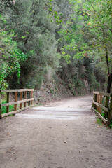 Puente con vayas a ambos lados en un camino de tierra que sigue el sendero por la montaña de Cataluña para seguir el río en un ambiente verde.