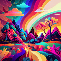 Fototapeta na wymiar Colorful psychedelic landscape flat cartoon style wallpaper. 70s Hippie Clouds, Rainbows background.