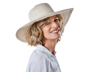 A mature woman looking stylish against isolated on a transparent PNG background