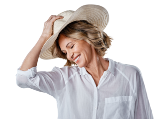 A mature woman looking stylish against isolated on a transparent PNG background