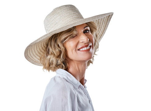 A mature woman looking stylish against isolated on a transparent PNG background