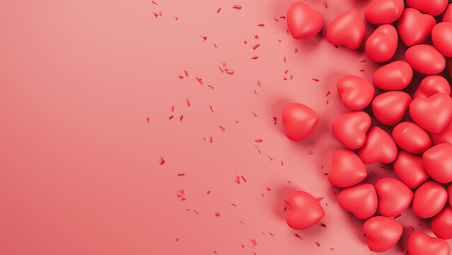 Valentine day red hearts with confetti on pink backdrop. 3d render illustration.