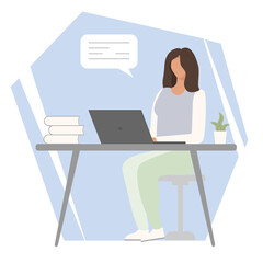 Fototapeta na wymiar The girl works at a laptop. The woman is sitting at the table with a laptop. Flat style. Good for image work, office, hiring staff. Vector illustration.