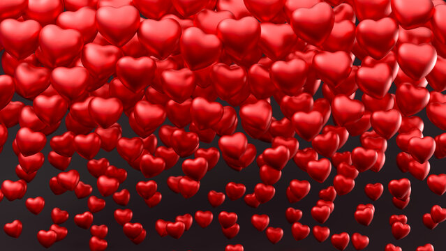 Valentine day shiny many red hearts backdrop with confetti. 3d render illustration.