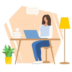 Businesswoman is sitting at a table with a laptop. The woman is sitting at the table with a laptop. vector illustration