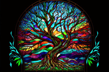 fantasy stained glass tree with colorful magical leaves, Generative AI