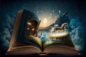 Open book Fantasy. Postproducted generative AI digital illustration.