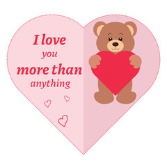 Cute brown teddy bear holding red heart. Vector illustration
