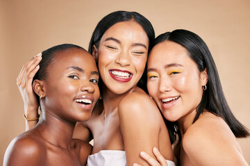 Happy women, portrait smile and hug in beauty for skincare, cosmetics or makeup against a studio...