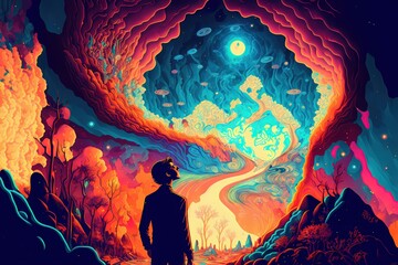 Fototapeta na wymiar Trippy psychedelic art astral projection quantum realm, High quality illustration. Generative AI