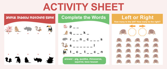 Bundle activity worksheet for kids with animals’ edition. Cartoon character printable worksheets animal edition. Coloring page find the missing letters, how many animals are left or right. Vector file