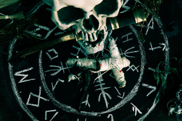 magic doll and White occult symbol on the witchcraft blackboard photo