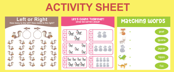 3 in 1 Activity kit animals edition for preschool and kindergarten kids. Educational printable worksheet. Left or right, math game counting the animal and circle the number, matching words worksheet. 