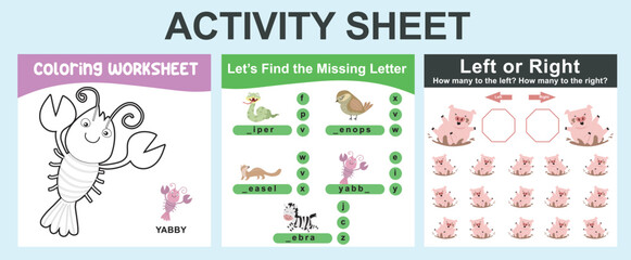 Bundle activity worksheet for kids with animals’ edition. Cartoon character printable worksheets animal edition. Coloring page find the missing letters, how many animals are left or right. Vector file