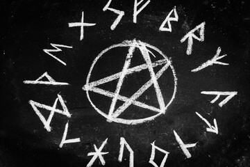 White occult symbol on the witchcraft blackboard photo