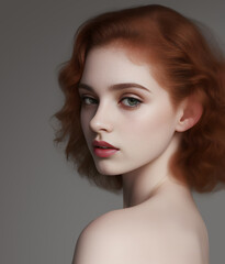 Fashion portrait of beautiful redhead girl with green eyes looking over the shoulder at camera, isolated on grey studio background. Generative Ai