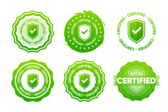 Certified Stamp, Seal Collection. Green Seal Of Origin And Quality. Certify Flat Shield With Check Mark In Different Design. Vector Illustration.