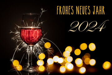 Frohes Neues Jahr 2024 Weinglas mit Bouquet