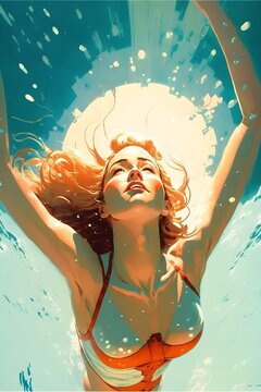 a female snorkler swims under water explores full body dynamic pose diving sun rays Coby Whitmore 