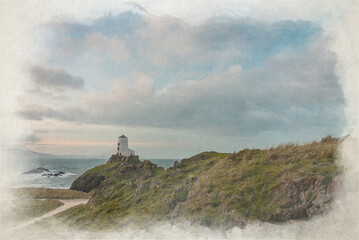 Fototapeta na wymiar Digital watercolor painting of Llanddwyn island lighthouse, Twr Mawr at Ynys Llanddwyn.