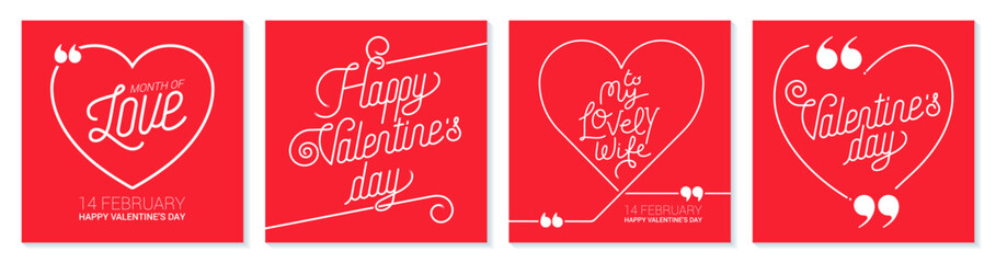 Happy Valentine's Day Trendy Greeting Cards. Red Background Abstract Square Art Templates. Great for Printing Cards, Social Media Posts, etc.