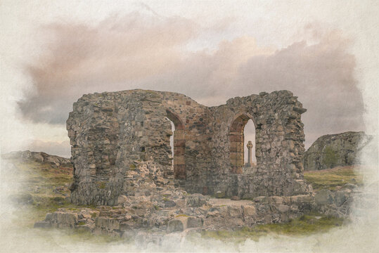 Digital watercolor painting of the ruined church and Saxon cross at Ynys Llanddwyn.
