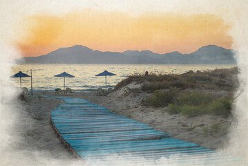A digital watercolor painting of a light blue boardwalk.