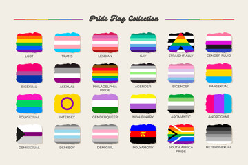 LGBTQ+ sexual identity pride flags collection. Flag of gay, transgender, bisexual, lesbian etc. Pride concept