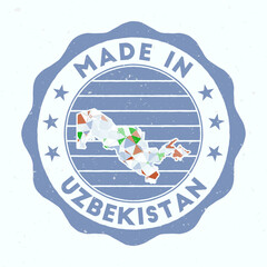 Made In Uzbekistan. Country round stamp. Seal of Uzbekistan with border shape. Vintage badge with circular text and stars. Vector illustration.
