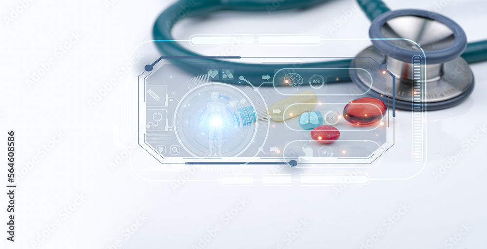 Sticker Pills and stethoscope with pharmacokinetics concept. Diagnostic medical tool. Health checkup. Healthcare and medicine. Brain, lung, stomach, syringe, and human icons. Drug metabolism.