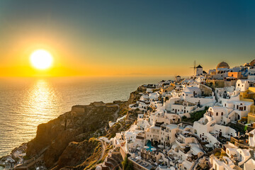 Oia village sunset in Santorini island, Greece.
