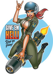 Vector illustration Pinup style attractive military young woman riding a missile