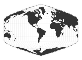 Vector world map. Baker Dinomic projection. Plain world geographical map with latitude and longitude lines. Centered to 60deg E longitude. Vector illustration.