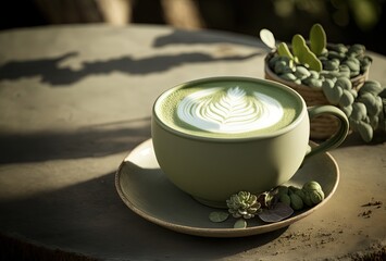 Obraz premium illustration of a cup of Matcha green tea on wooden table with outdoor atmosphere Generative Ai