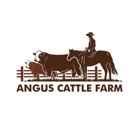 ANGUS CATTLE FARM WITH COWBOY, silhouette of great bull at farm vector illustrations