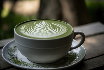 illustration of a cup of Matcha green tea on wooden table with outdoor atmosphere	Generative Ai