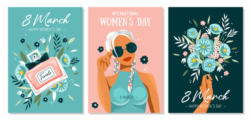 Beautiful trendy set of greeting cards for 8 March. International Women's Day. Girl with sunglasses, hand with a bouquet of flowers, woman's perfume. Stylish flat graphics and original design
