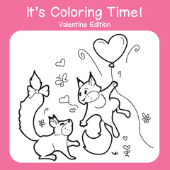 Fototapeta na wymiar Coloring page for valentine's day. Lovey dovey squirrels. Black and white vector illustration. Printable coloring book for kids and adults.