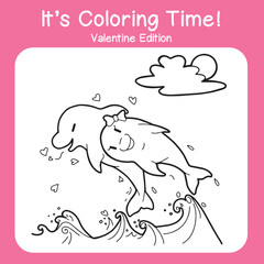 Coloring page for valentine's day. Lovely dolphins couple playing. Black and white vector illustration. Printable coloring book for kids and adults.