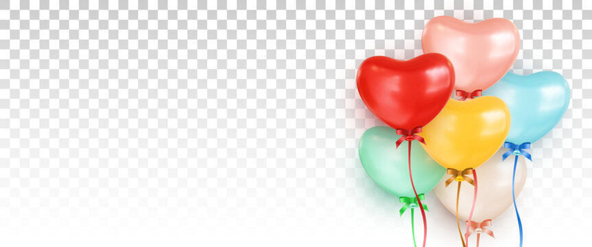 Bunch of multicolored helium balloons in the shape of a heart on transparent background with an empty space on the left. Heart icons in different colors. Valentines Day greeting card design elements