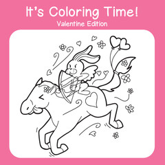 Coloring page for valentine's day. Cute cupid rabbit riding a horse and shooting a love bow. Black and white vector illustration. Printable colouring book for kids and adults.