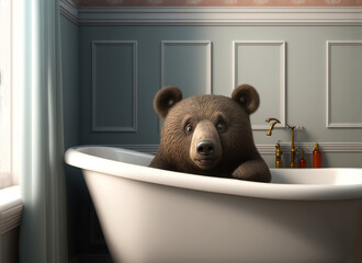 Bear taking bath in the bathroom. Big brown bear in the bathtub. AI generative