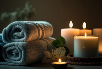 Obraz na płótnie Canvas illustration of spa skin care product set decoration, towel candle, oil bottle Generative Ai