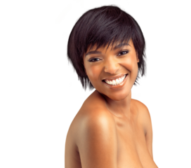 PNG Studio portrait of a beautiful shirtless young woman smiling