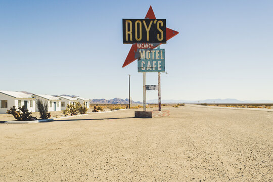 Famous Roy's caf&eacute; and gas station alongside classic Route 66 on the National Trails Highway in amboy. It is an example of  is an example of roadside Mid-Century Modern Googie architecture.