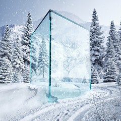 glass cube in the winter forest.